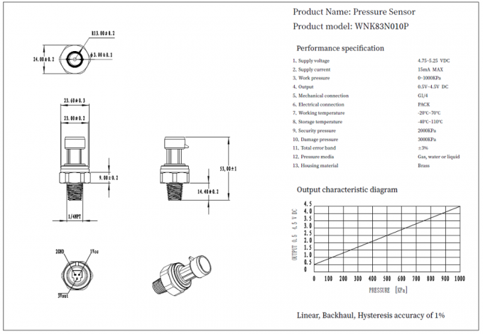 Передатчик датчика давления 0.5-4.5V низкой цены латунный керамический емкостный для воды газа воздуха